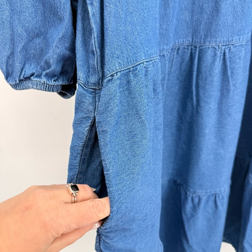 The Vermont Country Store Denim Tiered Midi Muumuu‎ Dress Pockets L Prairie Boho - Picture 8 of 13
